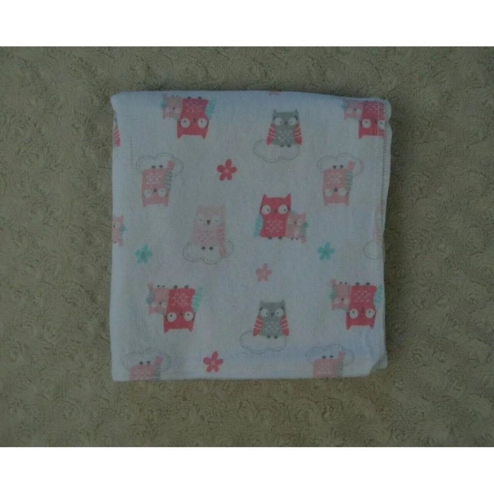 Cuddle Time Pink Owls Baby Receiving Blanket Flannel White Gray Flower Cloud